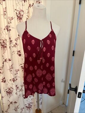 Women's Burgundy Printed Tassel Cami Top